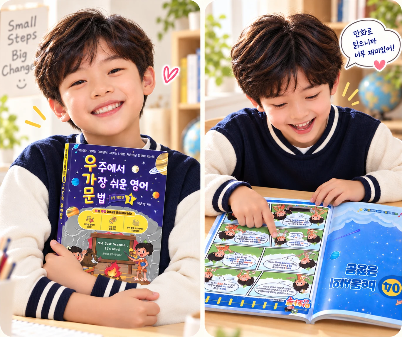 우가문 교재를 안고 웃는 아이와 만화로 문법을 읽는 아이